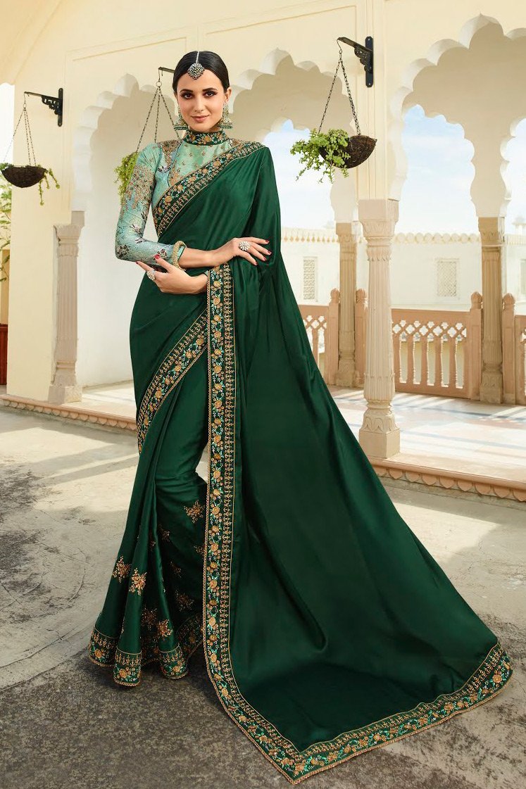 Basil and Mint Green Embroidered Designer heavy Silk Saree