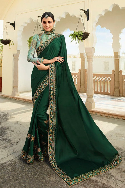 Basil and Mint Green Embroidered Designer heavy Silk Saree