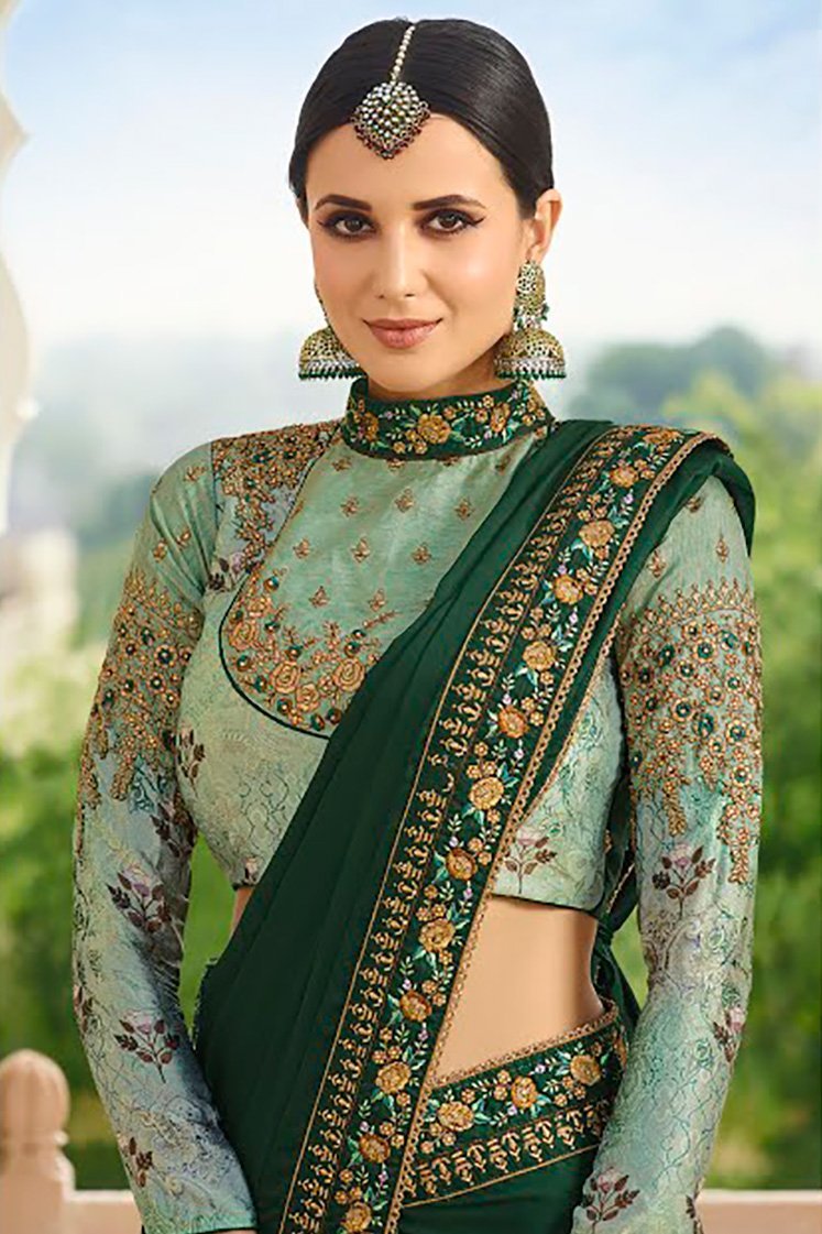 Basil and Mint Green Embroidered Designer heavy Silk Saree