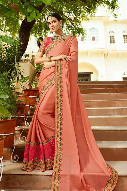 Baby pink and Magenta Embroidered Designer heavy Silk Saree