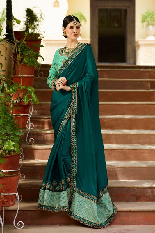 Prussian and Tiffany Blue Embroidered Designer heavy Silk Saree