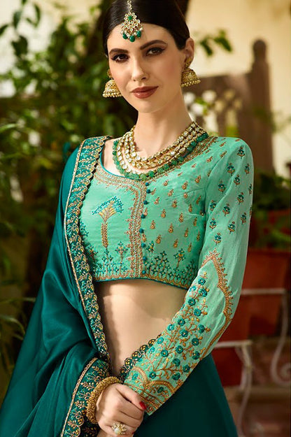 Prussian and Tiffany Blue Embroidered Designer heavy Silk Saree