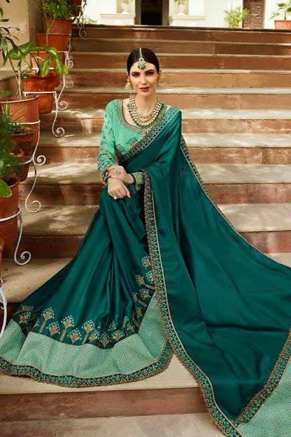 Prussian and Tiffany Blue Embroidered Designer heavy Silk Saree