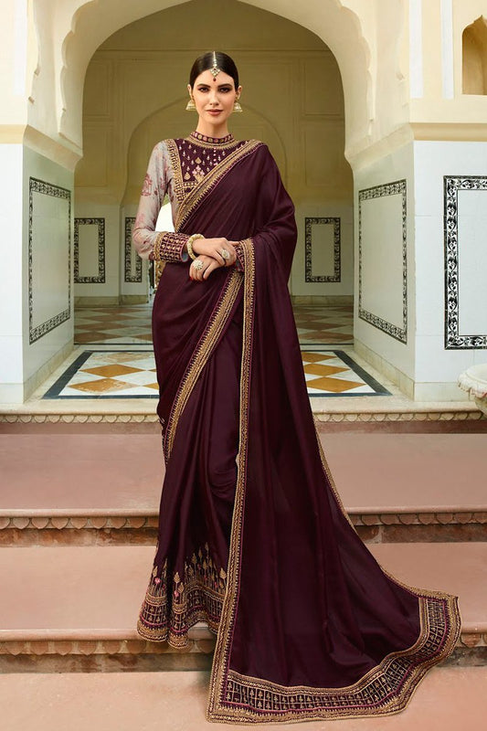 Wine Embroidered Designer heavy Silk Saree