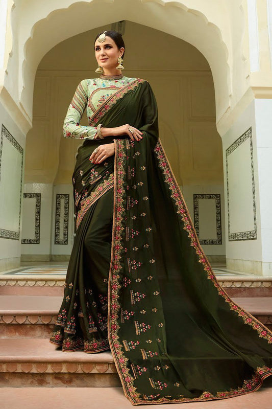 Pine Green and Pistachio Green Embroidered Designer heavy Silk Saree