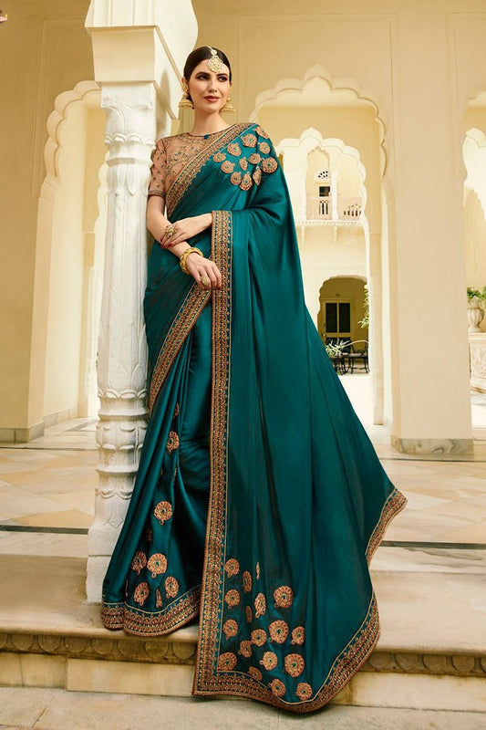 Prussian Blue and Latte Embroidered Designer heavy Silk Saree