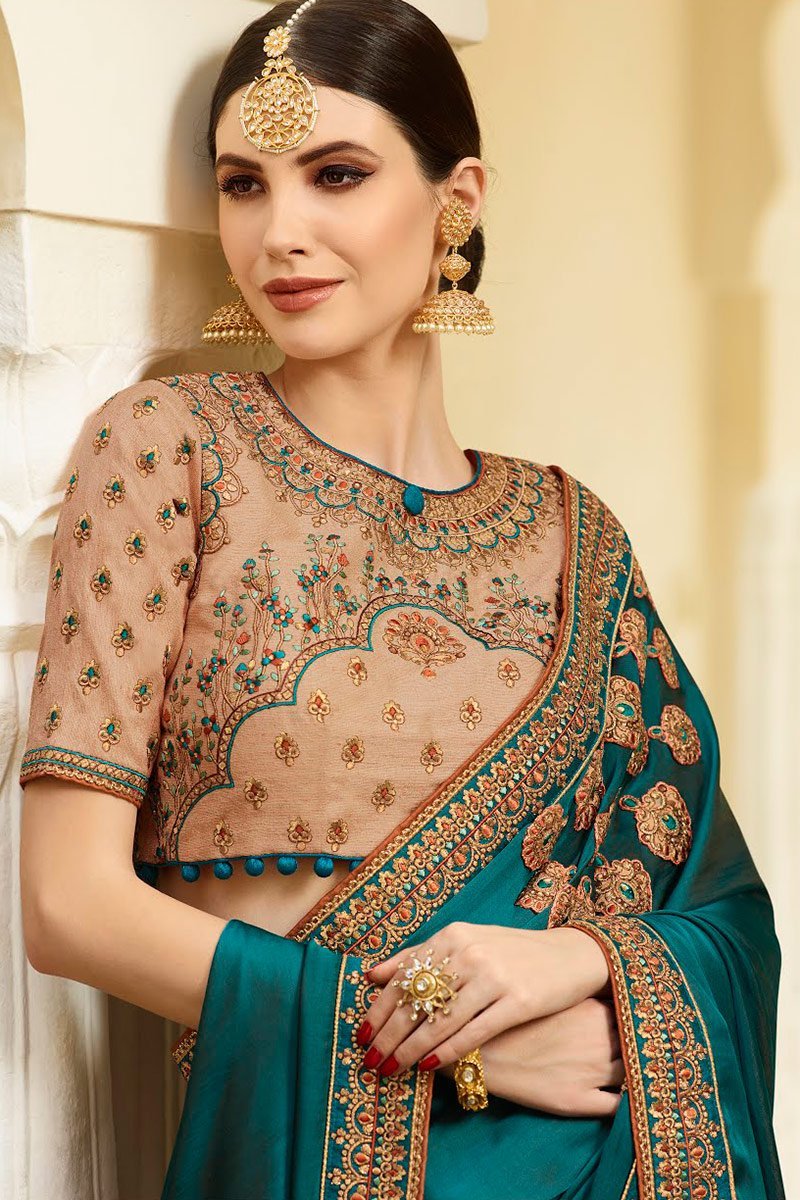 Prussian Blue and Latte Embroidered Designer heavy Silk Saree