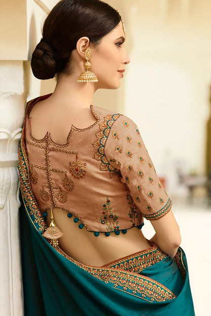 Prussian Blue and Latte Embroidered Designer heavy Silk Saree