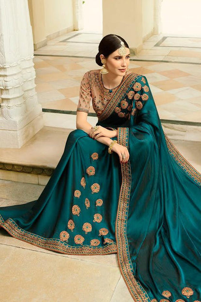 Prussian Blue and Latte Embroidered Designer heavy Silk Saree