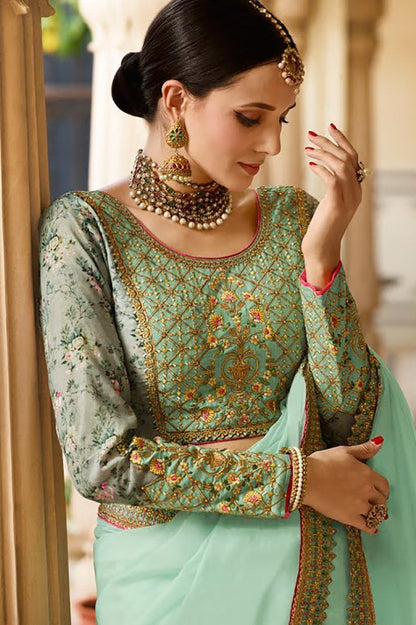 Tea Green Embroidered Designer heavy Silk Saree