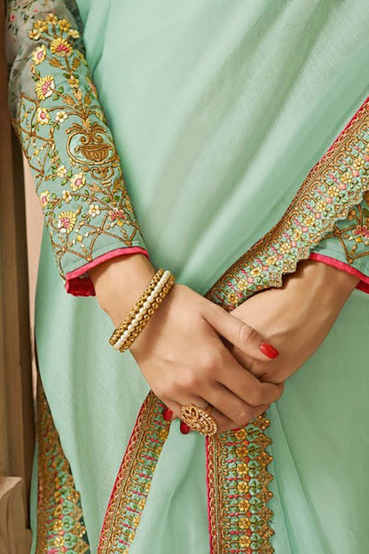 Tea Green Embroidered Designer heavy Silk Saree