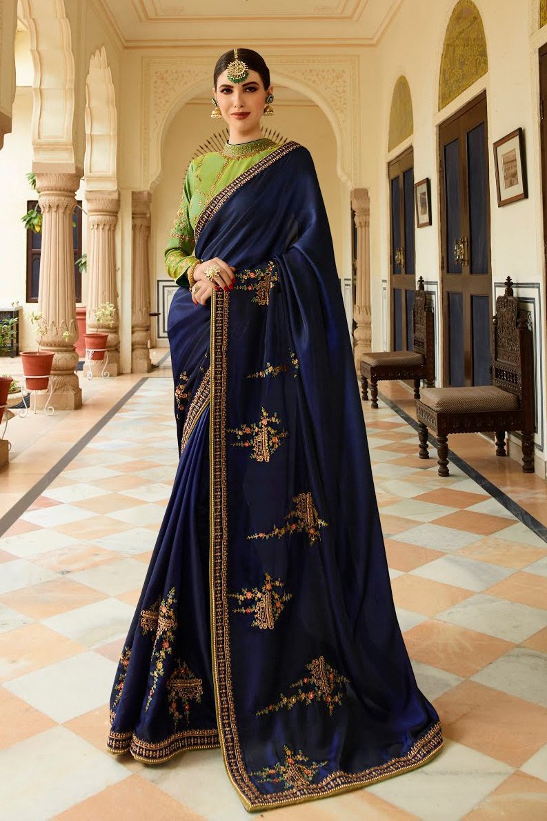 Midnight Blue and Kelly Green Embroidered Designer heavy Silk Saree