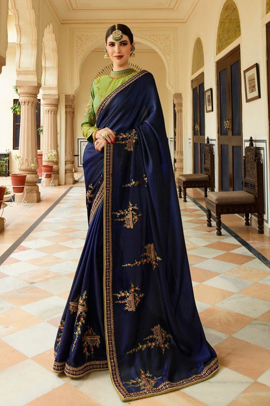 Midnight Blue and Kelly Green Embroidered Designer heavy Silk Saree