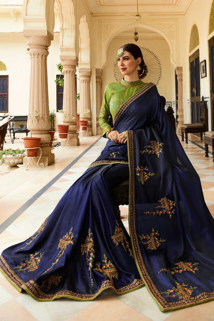 Midnight Blue and Kelly Green Embroidered Designer heavy Silk Saree