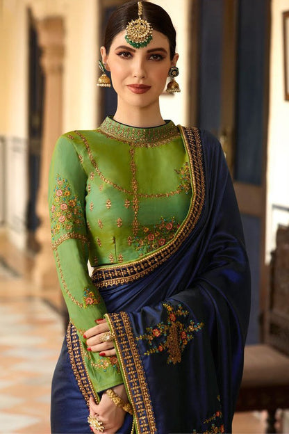 Midnight Blue and Kelly Green Embroidered Designer heavy Silk Saree