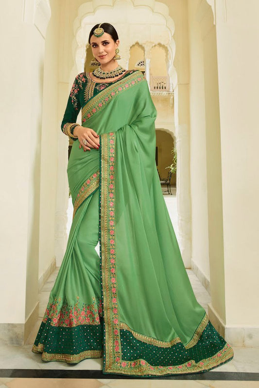 Emerald Green and Pine Green Embroidered Designer heavy Silk Saree