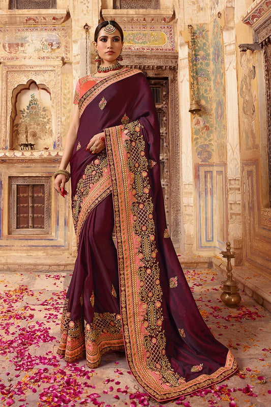 Wine and Carrot Embroidered Designer Silk Saree