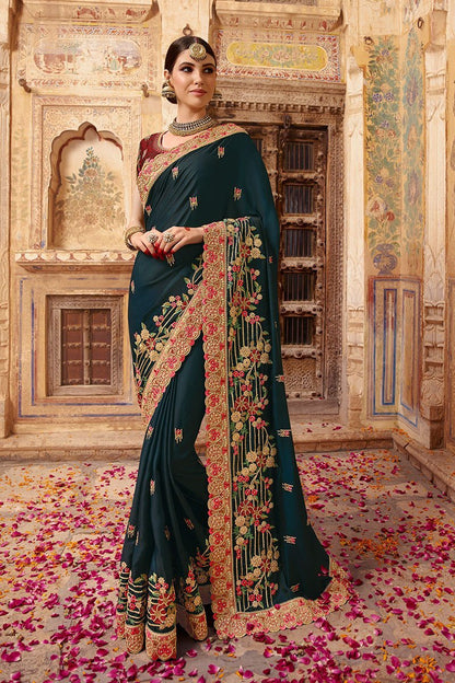 Peacock and Mahogany Embroidered Designer Silk Saree