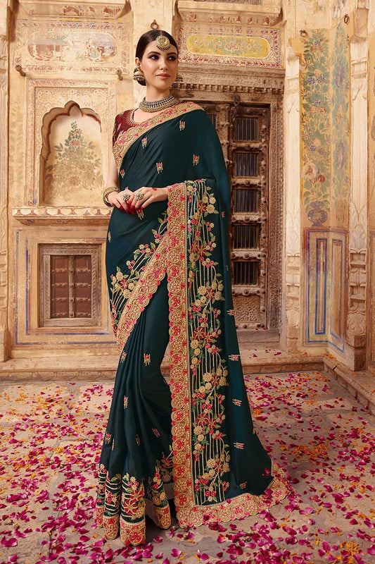 Peacock and Mahogany Embroidered Designer Silk Saree