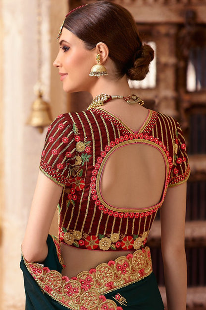 Peacock and Mahogany Embroidered Designer Silk Saree