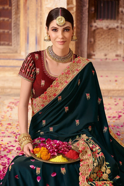 Peacock and Mahogany Embroidered Designer Silk Saree