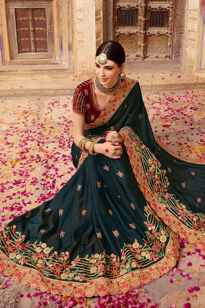 Peacock and Mahogany Embroidered Designer Silk Saree