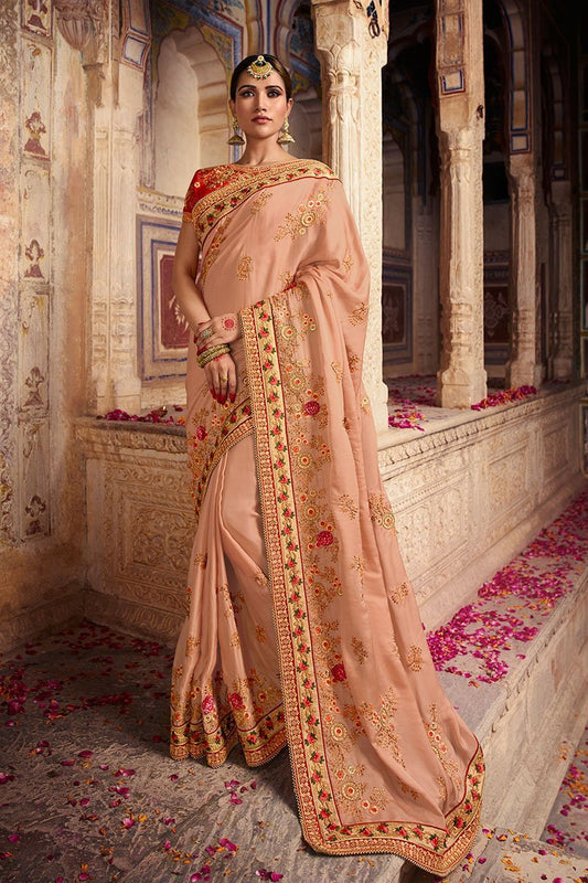Baby Pink and Scarlet Red Embroidered Designer Silk Saree