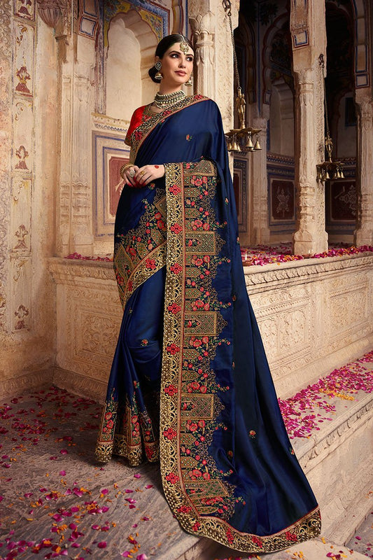 Admiral Blue and Candy Red Embroidered Designer Silk Saree