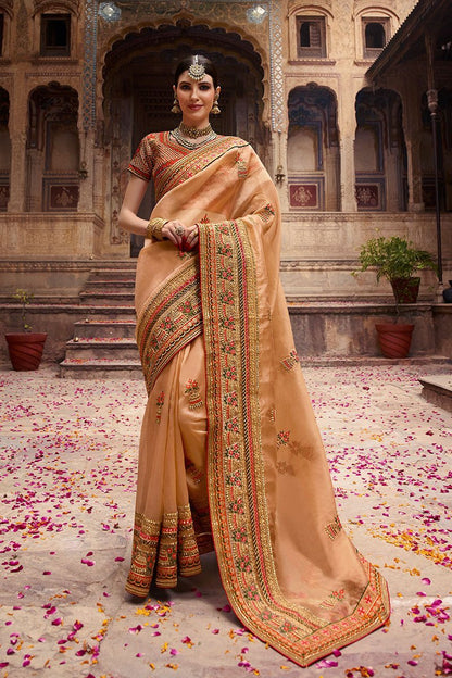 Beige and Orange Embroidered Designer Silk Saree