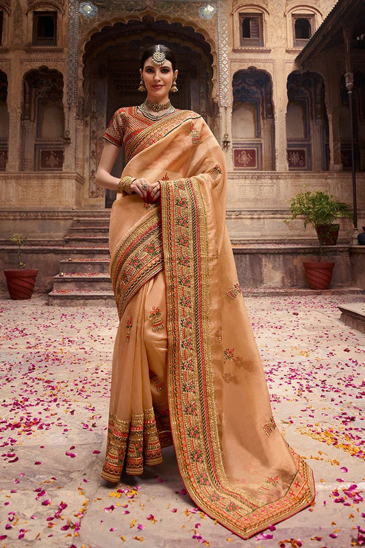 Beige and Orange Embroidered Designer Silk Saree