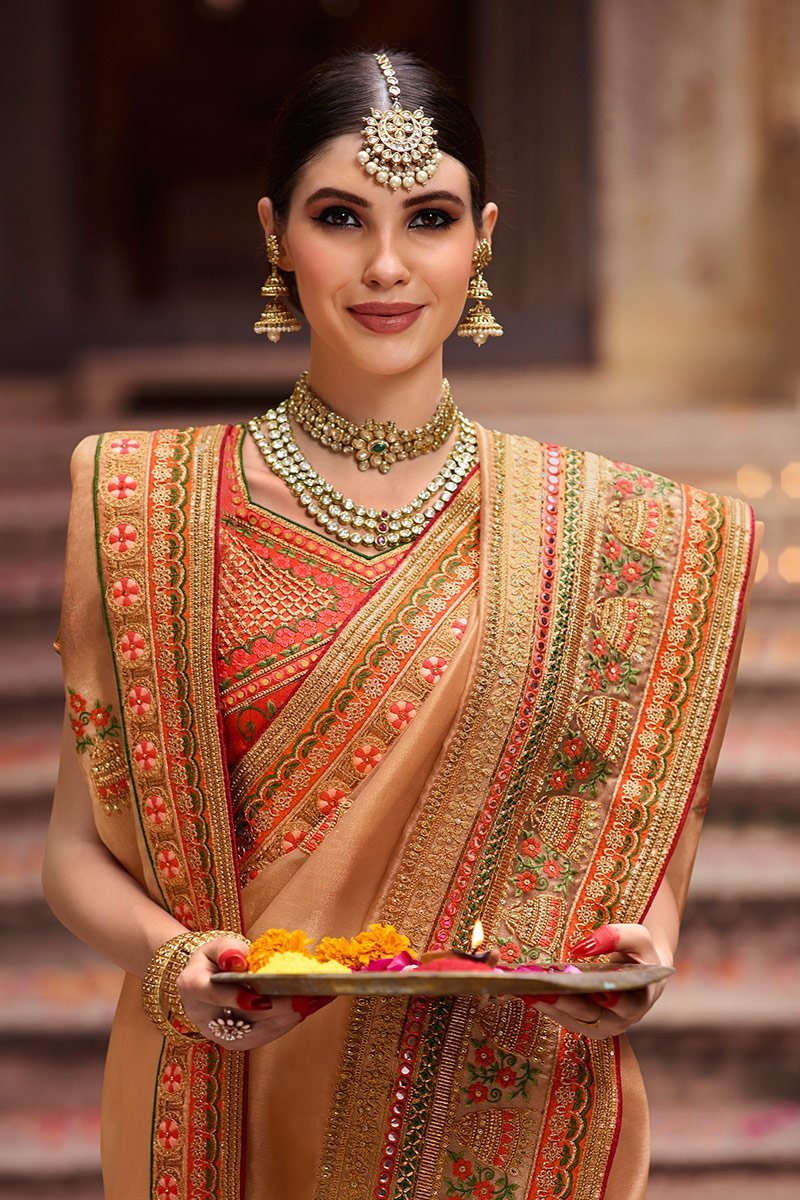 Beige and Orange Embroidered Designer Silk Saree