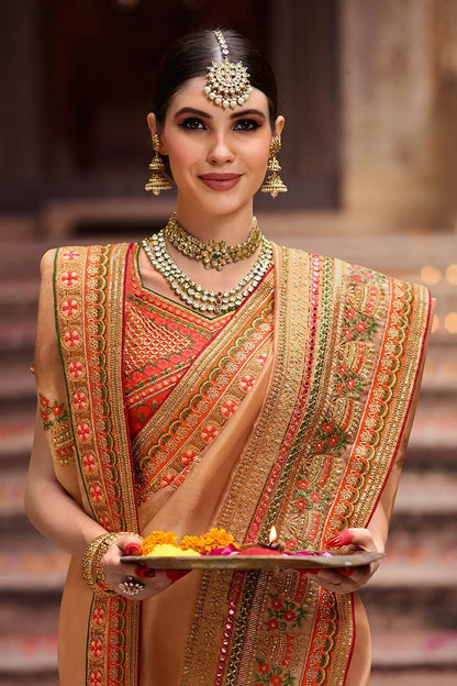 Beige and Orange Embroidered Designer Silk Saree