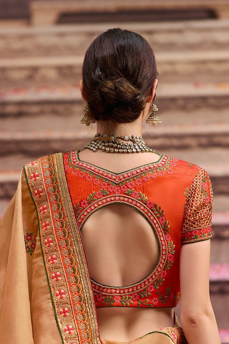 Beige and Orange Embroidered Designer Silk Saree