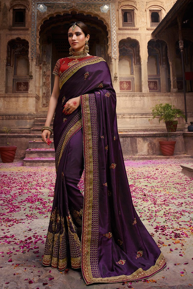 Purple and Scarlet Embroidered Designer Silk Saree
