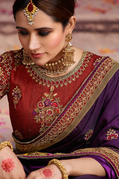 Purple and Scarlet Embroidered Designer Silk Saree