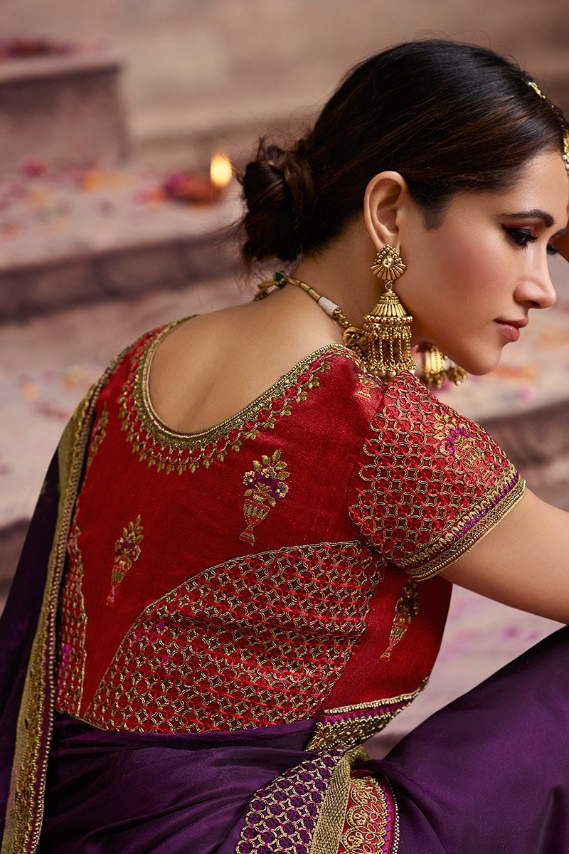Purple and Scarlet Embroidered Designer Silk Saree