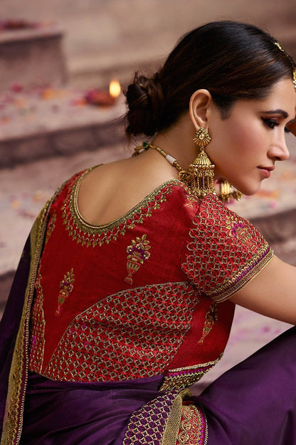Purple and Scarlet Embroidered Designer Silk Saree