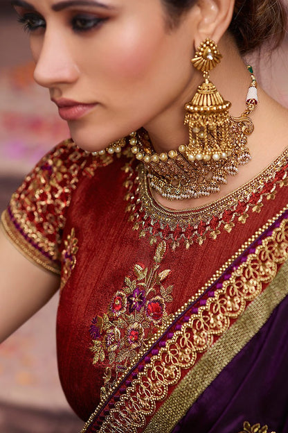 Purple and Scarlet Embroidered Designer Silk Saree