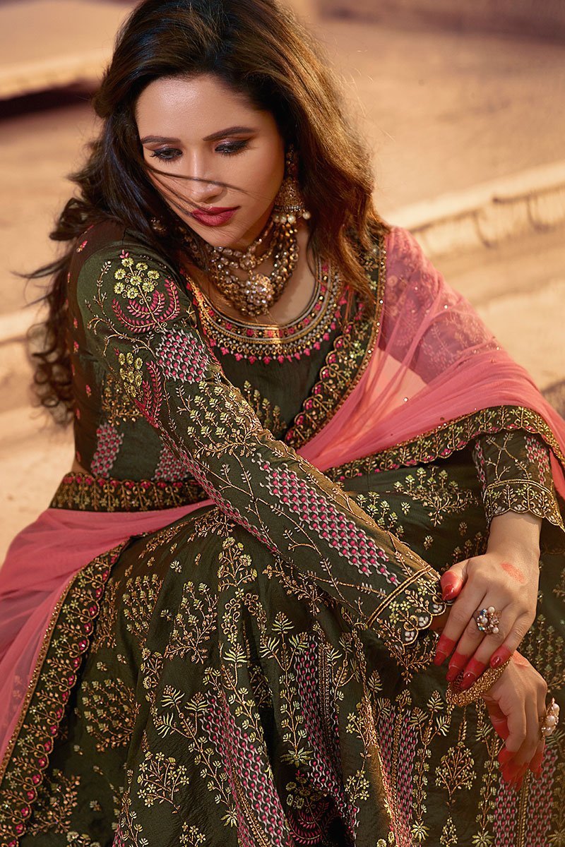 Pine Green and Pink Party Wear Lehenga Choli