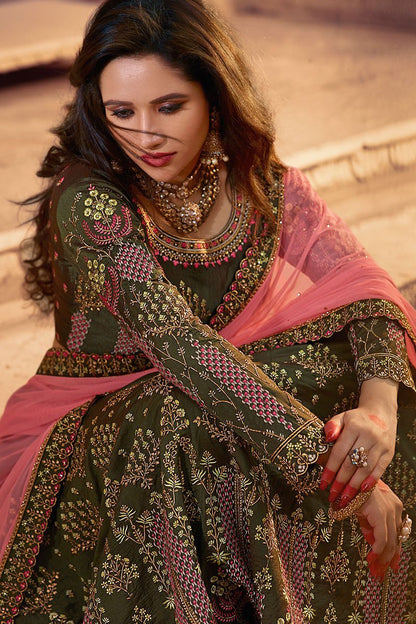 Pine Green and Pink Party Wear Lehenga Choli