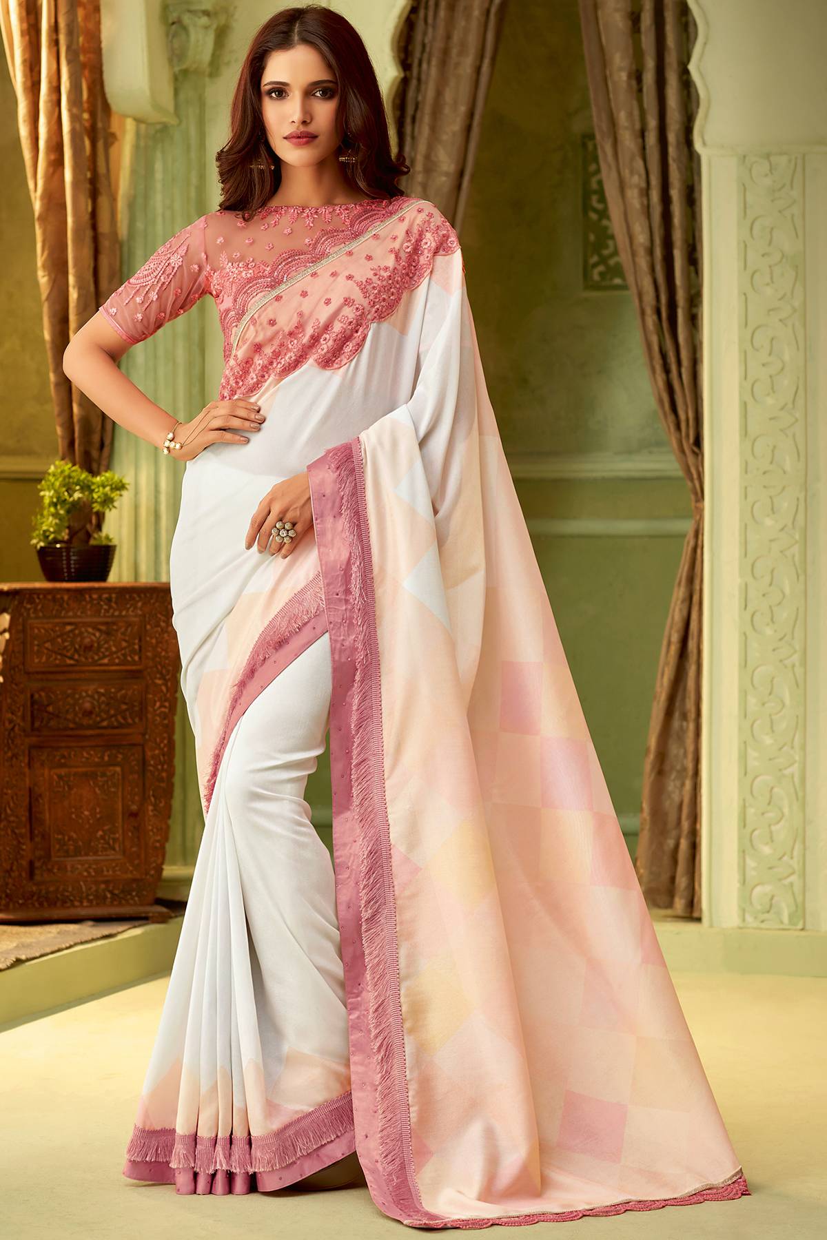 White And Pink Designer Silk Sari