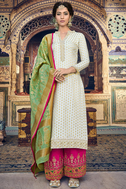 White Designer Banarasi Jacquard Palazzo Suit