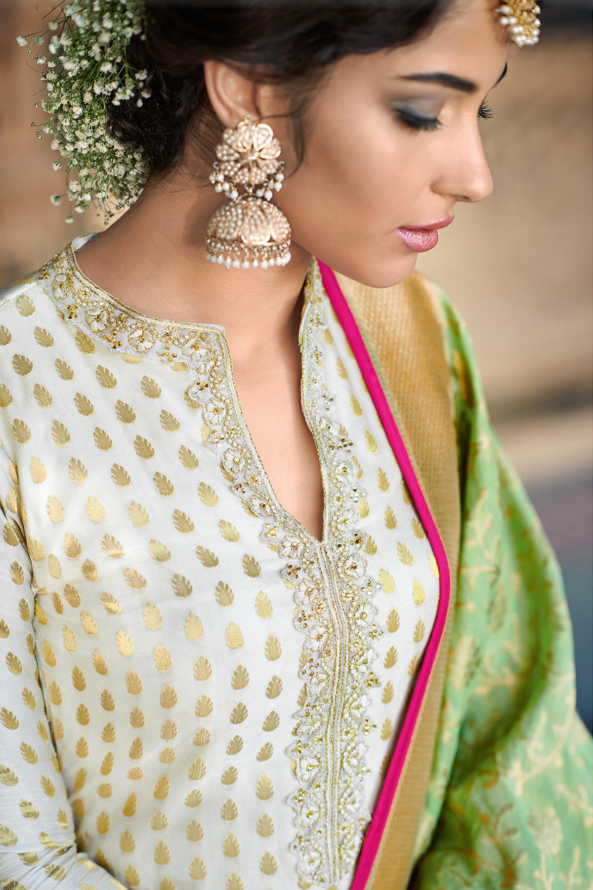 White Designer Banarasi Jacquard Palazzo Suit