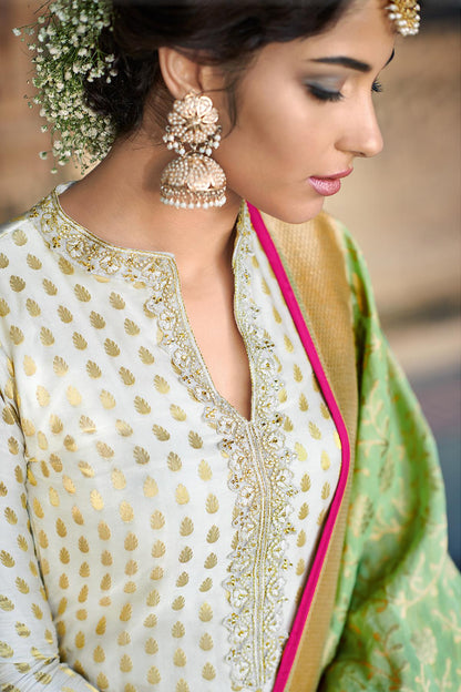 White Designer Banarasi Jacquard Palazzo Suit