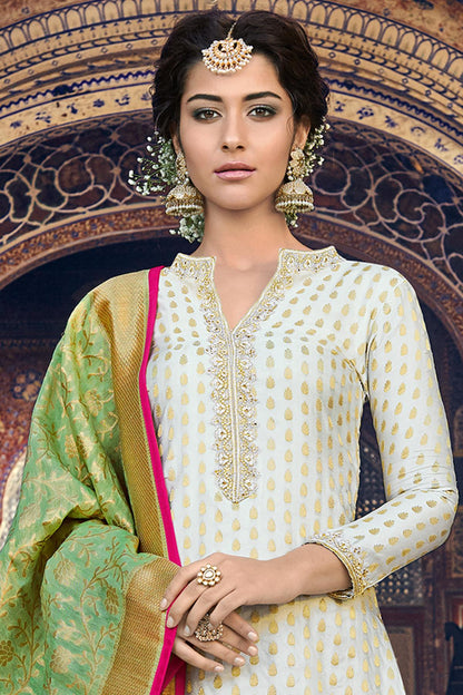 White Designer Banarasi Jacquard Palazzo Suit