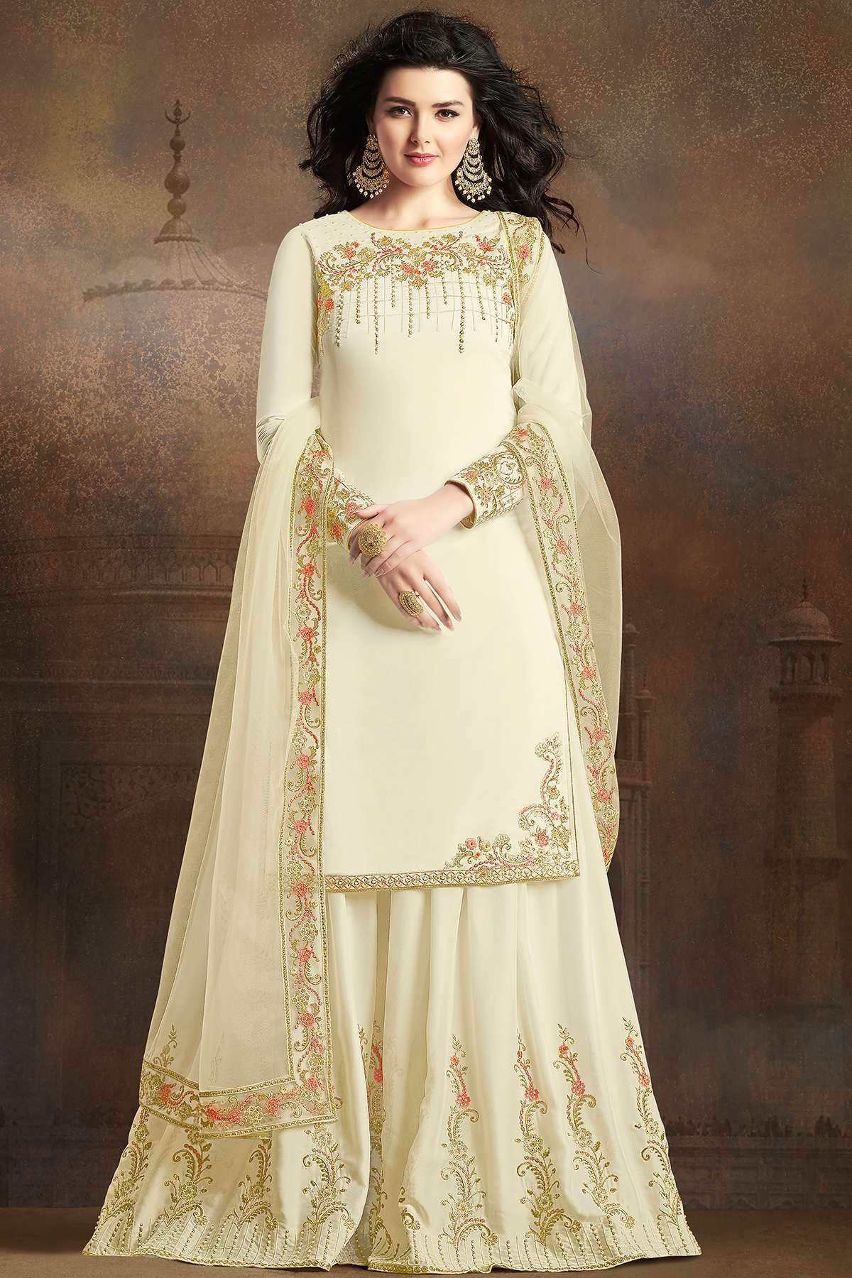 White Designer Embroidered Silk Sharara Suit