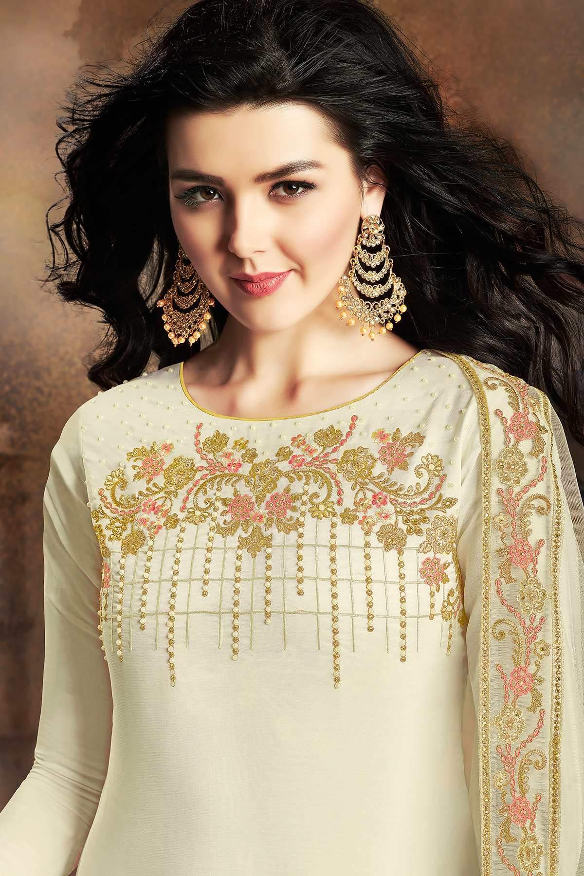White Designer Embroidered Silk Sharara Suit