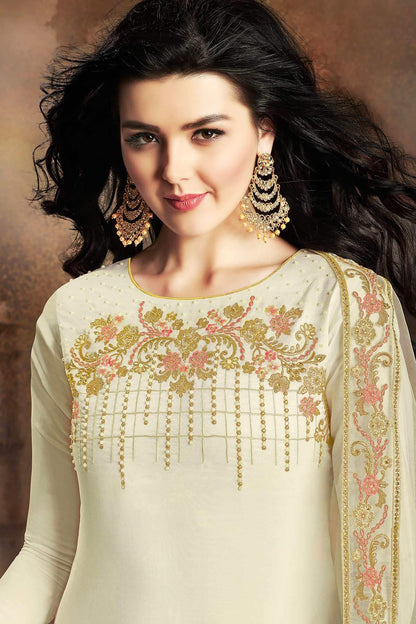 White Designer Embroidered Silk Sharara Suit