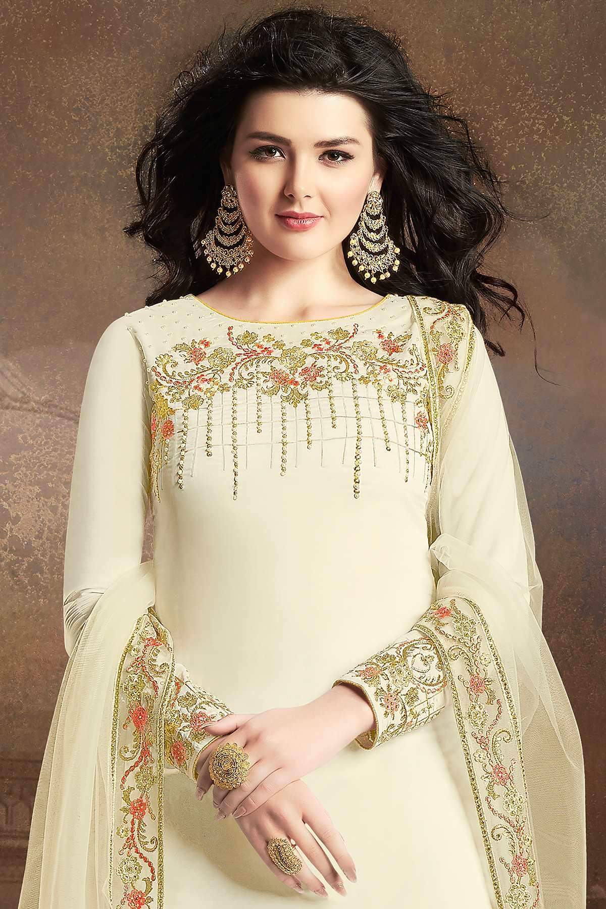 White Designer Embroidered Silk Sharara Suit