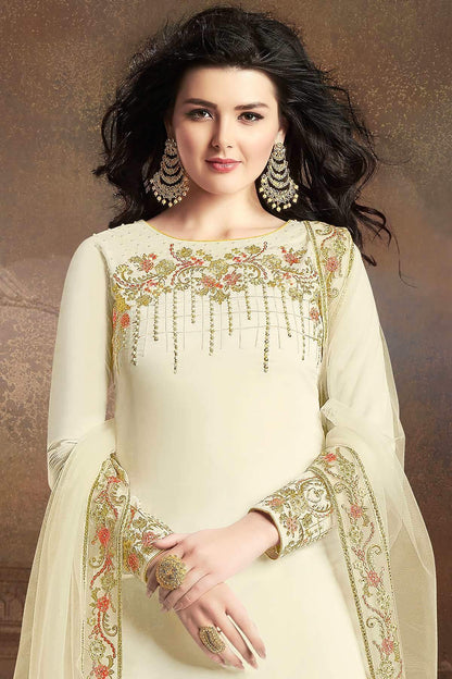 White Designer Embroidered Silk Sharara Suit